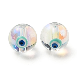 Aquamarine Transparent Glass Beads, with Enamel, Round with Evil Eye Pattern, Aquamarine, 10~10.5x9mm, Hole: 1.6mm