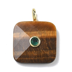 Тигровый глаз Граненые подвески из натурального тигрового глаза, Квадратные подвески с латунным покрытием, инкрустированные кубическим цирконием., золотые, 33~34x25~25.5x7~8 мм, отверстие : 4 мм