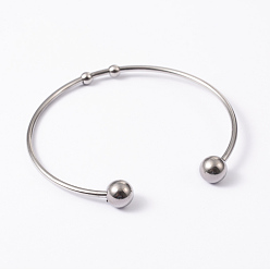 Stainless Steel Color Fashion 304 Stainless Steel Cuff Bangles Torque Bangles, End with Immovable Round Beads, Stainless Steel Color, 50~65mm