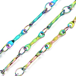 Rainbow Color Ion Plating(IP) 304 Stainless Steel Bar Link Chains, Soldered, with Spool, Rainbow Color, 9.5x2x0.9mm, 3.5x2.5x0.4mm, about 32.81 Feet(10m)/Roll