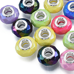 Mixed Color Opaque Large Hole Acrylic European Beads, with Silver Color Plated Iron Double Cores, Rondelle, Mixed Color, 15x8.5mm, Hole: 5mm