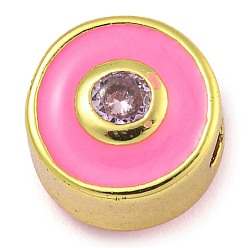 Бледно-Розовый Стойки обшивки латунь микро проложить кубического циркония бусы, с эмалью, без кадмия и без свинца, долговечный, реальный 18 k позолоченный, плоские круглые с сглаза, розовый жемчуг, 7.5x6 мм, отверстие : 1.8 мм