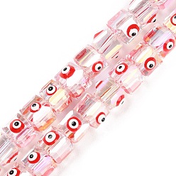 Red Transparent Glass Beads Strands, with Enamel, AB Color Plated, Square with Evil Eye, Red, 6~6.5x8~9x6.5~7mm, Hole: 1.6mm, about 50pcs/strand, 12.80~12.99''(32.5~33cm).