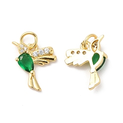 Зеленый Настоящие 16 k позолоченные латунные подвески с микропаве и кубическим цирконием, с целью перехода в кольце, прелести колибри, зелёные, 13x11.5x3 мм, отверстие : 3.5 мм