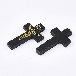 Black Printed Wooden Pendants, Crucifix Cross, For Easter, Dyed, Black, 41.5~42.5x23.5~24.5x4.5mm, Hole: 2mm