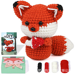 Red DIY Fox Crochet Kits for Beginners, including Polyester Yarn, Fiberfill, Crochet Needle, Yarn Needle, Support Wire, Stitch Marker, Red, Package Size: 23x16.8cm