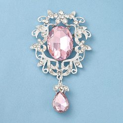 Pink Zinc Alloy Glass Big Pendants, with Rhinestone, Flower Charms, Pink, 86~86.5x50x10mm, Hole: 8x6mm