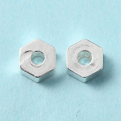 Silver Rack Plating Brass Beads, Cadmium Free & Lead Free, Long-Lasting Plated, Hexagon, Silver, 4x4.5x2mm, Hole: 1mm