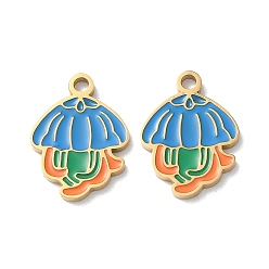 Golden Ion Plating(IP) 304 Stainless Steel Pendants, with Enamel, Jellyfish Charm, Golden, 16.5x12x1.5mm, Hole: 1.8mm