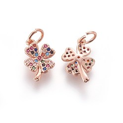 Розовое Золото Латунные микро проложить кубического циркония прелести, Четыре листа клевера, красочный, розовое золото , 12x8x2.5 мм, отверстие : 3 мм
