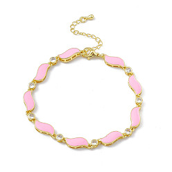 Golden Brass Micro Pave Cubic Zirconia Chain Bracelets, Enamel Style Pink Wave Link Chain Bracelet for Women, with Chain Extender & Lobster Claw Clasp, Golden, 7-1/2 inch(19cm)