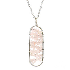 Rose Quartz Natural Rose Quartz Chips Beaded Oval Pendant Necklaces, with Cable Chains, 20.87 inch(53cm)