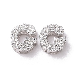 Letter G 925 Sterling Silver Micro Pave Cubic Zirconia Beads, Real Platinum Plated, Letter G, 9x8x3.5mm, Hole: 2.5x1.5mm