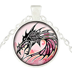 Silver Pink Dragon Theme Glass Flat Round Pendant Necklace with Alloy Chains, Silver, 27.56 inch(70cm)