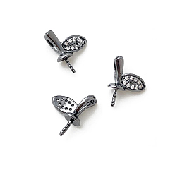 Gunmetal Brass Micro Pave Clear Cubic Zirconia Leaf Peg Bails Pin Charms, for Baroque Pearl Making, Gunmetal, 8x10mm