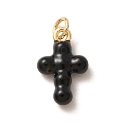 Black Brass Pendants, with Enamel, Cross Charms, Rack Plating, Long-Lasting Plated, Lead Free & Cadmium Free, Real 18K Gold Plated, Black, 17.5x11x4mm, Hole: 3mm