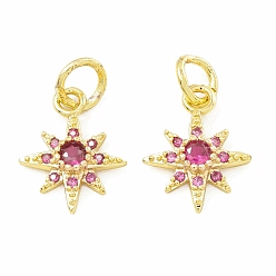 Pink Rack Plating Brass Micro Pave Cubic Zirconia Pendants, Long-Lasting Plated, Real 18K Gold Plated, Cadmium Free & Lead Free, Sun, Pink, 12.5x10x3mm, Jump Ring: 5x1mm, 3mm Inner Diameter