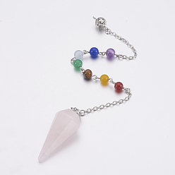 Rose Quartz Natural Rose Quartz Hexagonal Pointed Dowsing Pendulums, with Mixed Stone and Brass Findings, Chakra, Cone/Spike, Platinum, 228~232mm