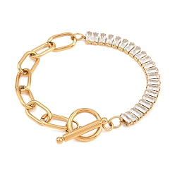 Золотой 304 браслеты из нержавеющей стали с прозрачными циркониевыми звеньями, браслеты-цепочки со скрепками для женщин, прямоугольные, ионное покрытие (ip), долговечный, золотые, 6.69 дюйм (17 см)