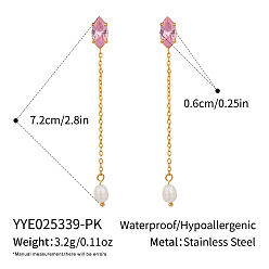 Pink 304 серьги-гвоздики с кисточками в форме конского глаза из нержавеющей стали с кубическим цирконием, с имитацией жемчуга, реальный 18 k позолоченный, розовые, 72x6 мм