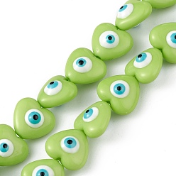 Lawn Green Evil Eye Resin Beads Strands, Heart, Lawn Green, 12.5x14x9mm, Hole: 1.8mm, about 30pcs/strand, 14.25 inch(36.2cm)