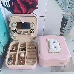 Letter B Letter Imitation Leather Jewelry Organizer Case with Mirror Inside, for Necklaces, Rings, Earrings and Pendants, Square, Pink, Letter B, 10x10x5.5cm