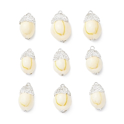 White Natural Sea Shell Pendants, Oval Charms with Polymer Clay Rhinestone and Platinum Tone Brass Loops, White, 24~32x13~19x10.5~14mm, Hole: 1.8~2mm