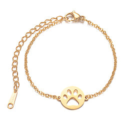 Golden 201 Stainless Steel Link Bracelets, with Cable Chains and Lobster Claw Clasps, Flat Round with Dog Paw Prints, Golden, 6-1/8 inch~6-7/8 inch(15.5~17.5cm), 1.5mm
