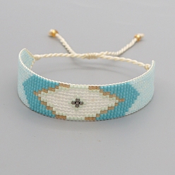 Light Blue Friendship Rhombus Loom Pattern Seed Beads Bracelets for Women, Adjustable Nylon Cord Braided Bead Bracelets, Light Blue, 11 inch(28cm)