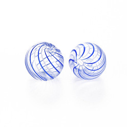 Blue Transparent Handmade Blown Glass Globe Beads, Stripe Pattern, Round, Blue, 13~14.5mm, Hole: 1~2mm
