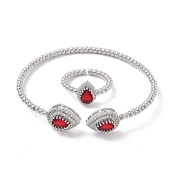 (123L) Белый крем непрозрачный блеск Наборы из каплевидных латунных браслетов-манжет и колец с микропаве из кубических цирконий для женщин, стойки покрытие, платина, огнеупорный кирпич, браслет: 3~11ширина мм, 59x53 мм внутренним диаметром