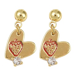Настоящее золото 18K Серьги-гвоздики в форме сердца из латуни с прозрачным фианитом и прозрачным фианитом, с эмалью, без кадмия и без свинца, стойки покрытие, долговечный, реальный 18 k позолоченный, клубника, 22.5x12.5 мм