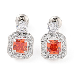 Оранжево-Красный Серьги-гвоздики из латуни с микропаве из кубического циркония, долговечный, квадратный, платина, оранжево-красный, 13.5x9.5 мм