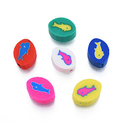 Mixed Color Handmade Polymer Clay Beads, Oval with Fish, Mixed Color, 10.5~12x8~8.5x4.5~5mm, Hole: 1.6mm