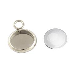 Stainless Steel Color Pendant Making Sets, with 304 Stainless Steel Pendant Cabochon Settings and Domed Glass Cabochons, Stainless Steel Color, Tray: 10mm, 16x12x2mm, Hole: 2mm, 9.5~10x3.5mm