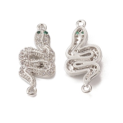 Platinum Brass Micro Pave Clear & Green Cubic Zirconia Connector Charms, Snake Links, Platinum, 23x11x2mm, Hole: 1mm