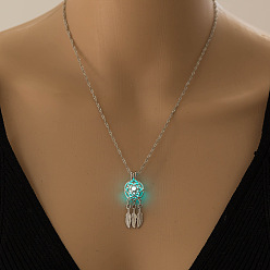 Cyan Luminous Glow in the Dark Alloy Cage Pendant Necklace for Women, Web with Feather Shape, Cyan, 15.75~23.62inch(40~60cm)