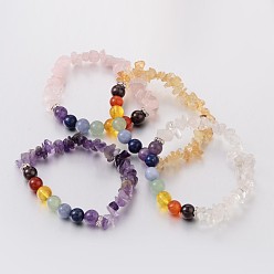Mixed Stone Chips and Round Chakra Natural Gemstone Beaded Stretch Bracelets, Mixed Color, 50~53mm