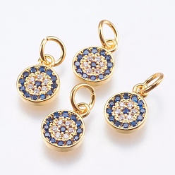 Real 18K Gold Plated Brass Micro Pave Cubic Zirconia Charms, Cadmium Free & Lead Free, Flat Round, Real 18K Gold Plated, 9.5x7x1.5mm, Hole: 3mm