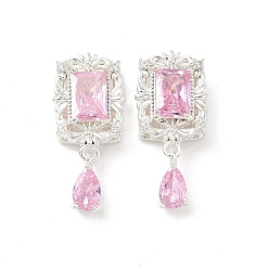 Pink Латунные микро проложить кубического циркония бусы, прямоугольник и слеза, серебряные, розовые, 23x10x6 мм, отверстие : 1.5 мм
