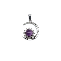 Amethyst Natural Amethyst Pendants, Antique Silver Plated Alloy Moon with Sun Charms, 28x22mm