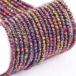 Purple Plated Electroplate Glass Beads Strands, Full Plated, Faceted, Rondelle, Purple Plated, 2x1.5mm, Hole: 0.6mm, about 220~230pcs/Strand, 13.78~14.17 inch(35~36cm)
