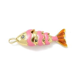 Pink Рыба из латуни микро проложить Цирконом подвески, Эмаль стиле, долговечный, без кадмия и без свинца, реальный 18 k позолоченный, розовые, 28x8.5x6 мм, отверстие : 2.5x1.5 мм