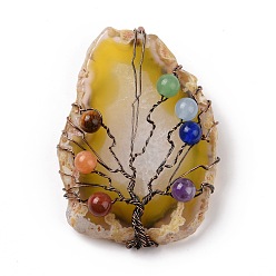 Goldenrod Natural Agate Big Pendants, with Rack Plating Brass Wires, Chakra Gemstone Beads, Cadmium Free & Lead Free, Dyed & Heated, Nuggets with Tree, Red Copper, Goldenrod, 58~62x37~47x13~14mm, Hole: 4~6mm