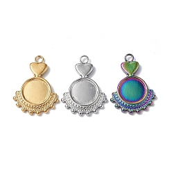 Mixed Color 304 Stainless Steel Pendant Cabochon Settings, Flat Round with Heart Charm, Mixed Color, Round Tray: 8mm, 20x14x2mm, Hole: 1.8mm