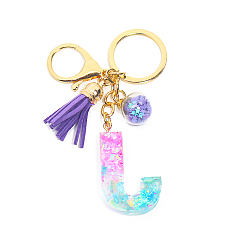 Letter J Resin Keychains, Tassel Keychain, Glass Ball Keychain, with Light Gold Tone Plated Iron Findings, Alphabet, Letter.J, 11.2x1.2~5.7cm