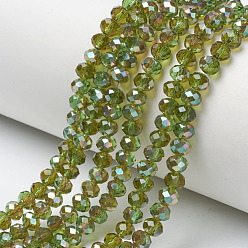 Yellow Green Electroplate Glass Beads Strands, Half Plated, Rainbow Plated, Faceted, Rondelle, Yellow Green, 6x5mm, Hole: 1mm, about 85~88pcs/strand, 16.1~16.5 inch(41~42cm)