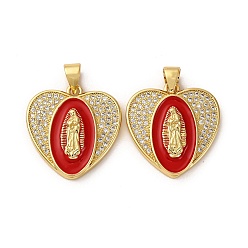 (123L) Белый крем непрозрачный блеск Латунные микро проложить кубического циркония подвески, Сердце с Девой Марией, с эмалью, без кадмия и без свинца, реальный 18 k позолоченный, стойки покрытие, долговечный, огнеупорный кирпич, 20.5x20x4 мм, отверстие : 4x4.5 мм