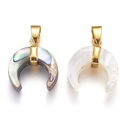 Mixed Shell Shell Pendants, with Brass Findings, Double Horn/Crescent Moon, Golden, 22~23x20x6.5~8mm, Hole: 4x7mm