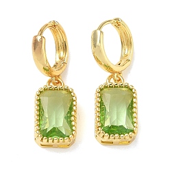 Lime Brass Glass Dangle Hoop Earrings for Women, Rectangle, Long-Lasting Plated, Rack Plating, Lead Free & Cadmium Free, Golden, Lime, 32x10mm